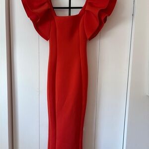 Missguided Bold Red Midi Dress with Ruffle Sleeves